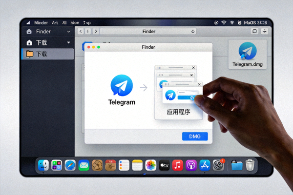macOS系统打开Telegram的DMG安装文件并拖拽到应用程序文件夹的截图