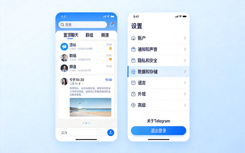 切换为简体中文后的Telegram完整主界面和设置菜单截图，所有文字均已变为中文