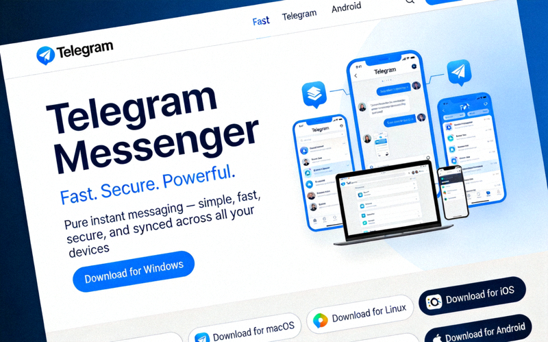 Telegram官方网站首页完整截图，展示其简洁专业的布局和设计风格