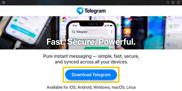 Telegram官网首页截图，高亮显示下载按钮的位置