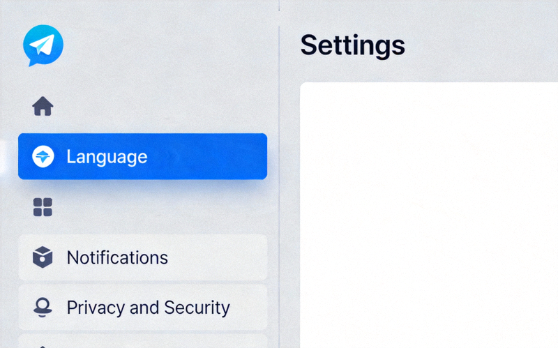 Telegram设置界面截图，左侧导航栏中‘Language’选项被高亮显示