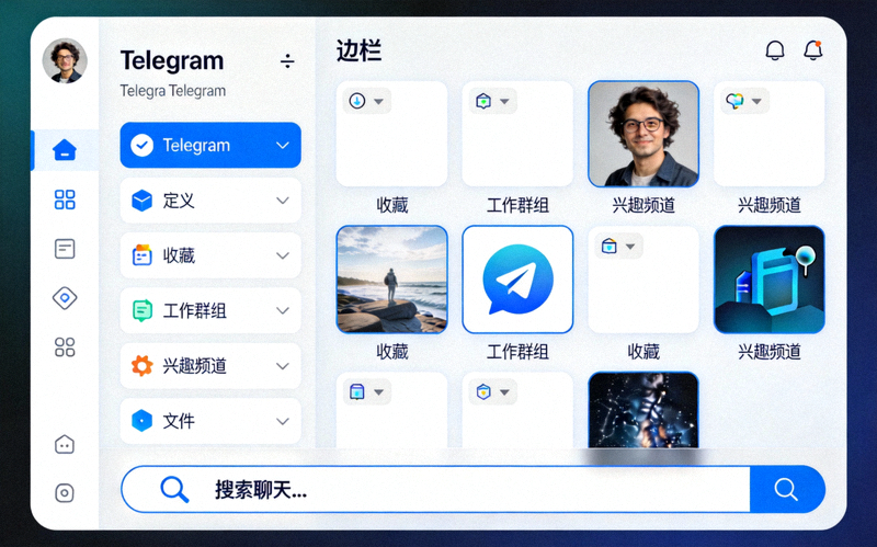 Telegram新版侧边栏界面截图，展示自定义文件夹和搜索功能