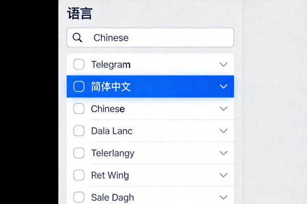 Telegram语言包选择窗口截图，搜索Chinese并高亮显示简体中文选项