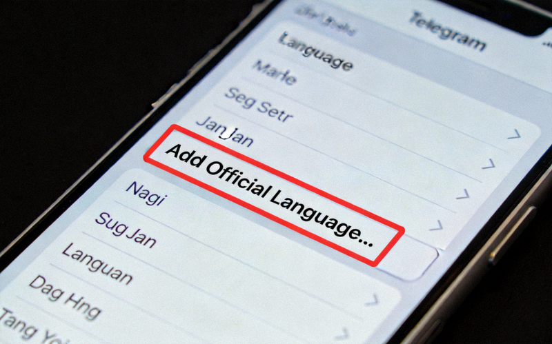 Telegram语言设置页面截图，红色框突出显示‘Add Official Language...’按钮