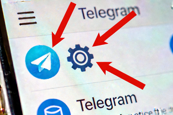 Telegram主界面截图，箭头指向左上角的菜单按钮和设置图标