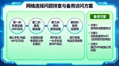网络连接问题排查流程图和备用访问方案说明