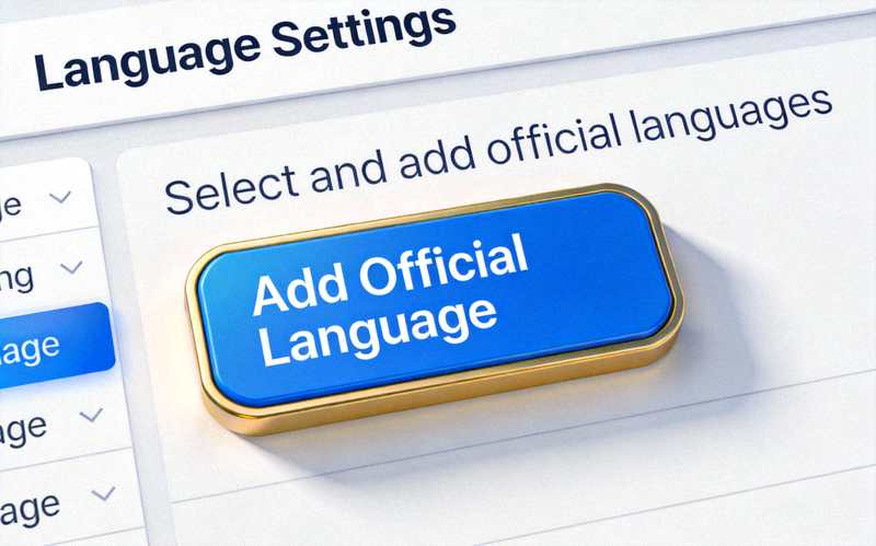语言设置页面截图，中央的Add Official Language添加官方语言按钮被显著突出显示