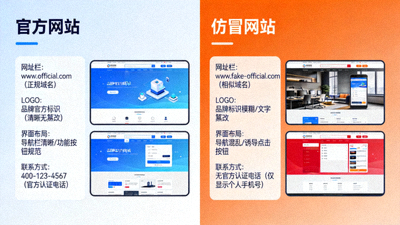 真假网站对比图，标注官方与仿冒网站的关键区别